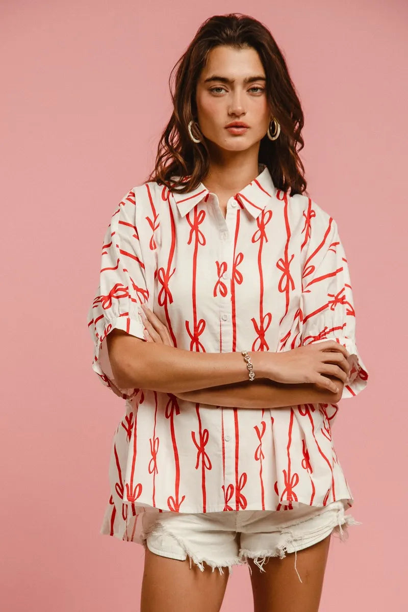 Chic Bow-Ribbon Woven Button-Down Shirt: Versatile & Stylish