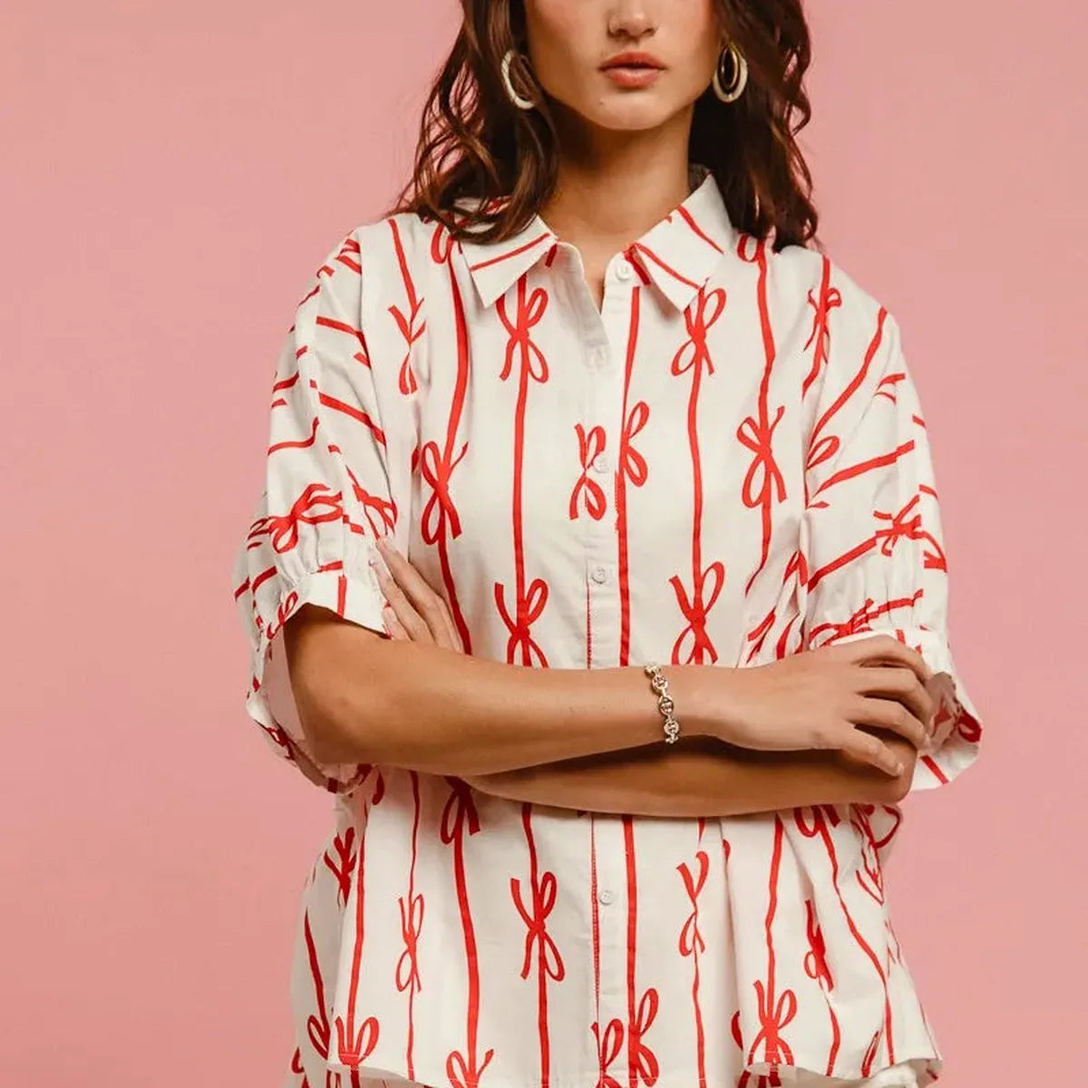 Chic Bow-Ribbon Woven Button-Down Shirt: Versatile & Stylish