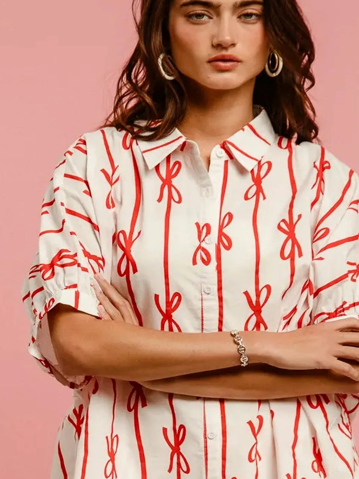 Chic Bow-Ribbon Woven Button-Down Shirt: Versatile & Stylish