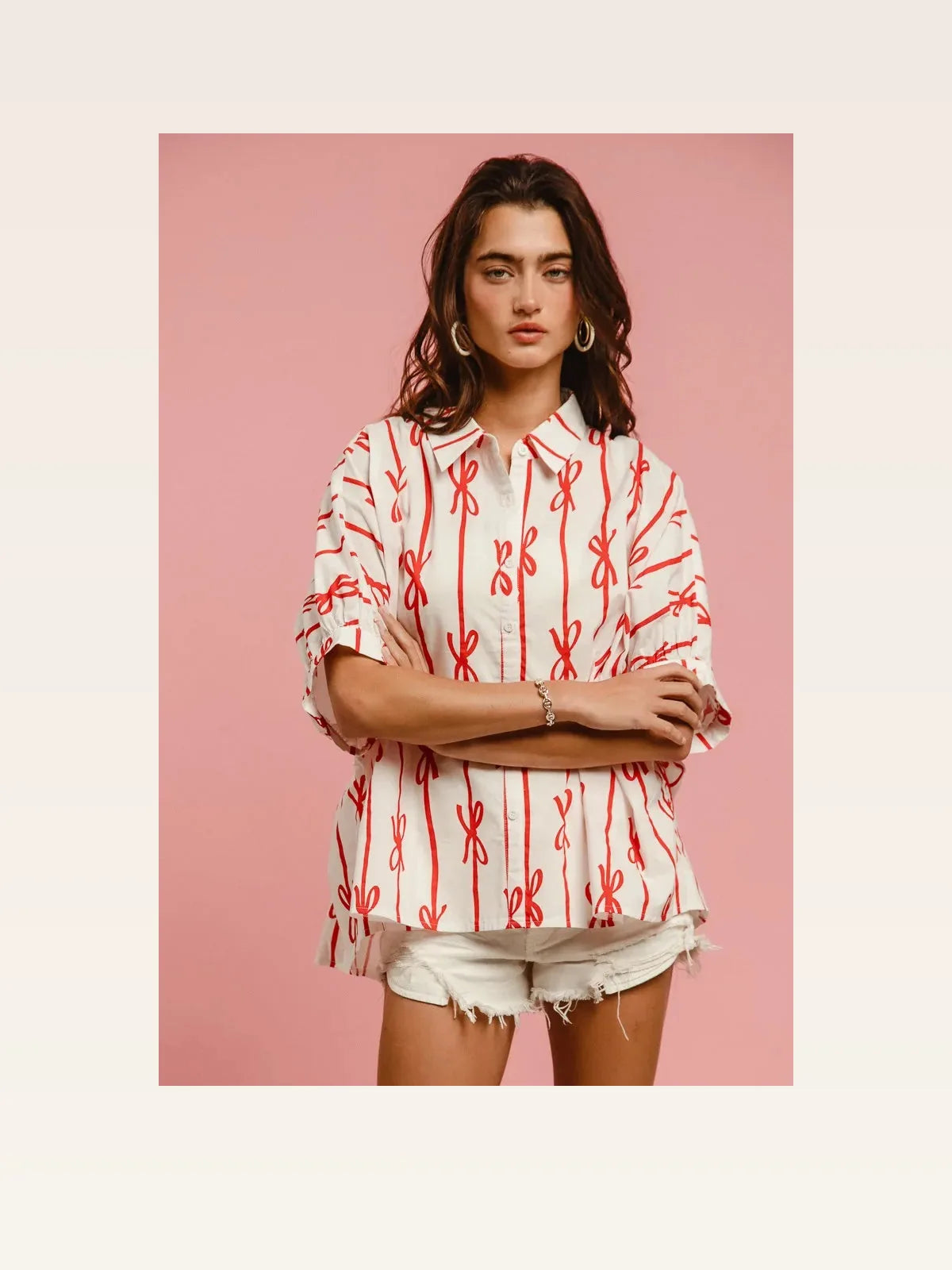 Chic Bow-Ribbon Woven Button-Down Shirt: Versatile & Stylish